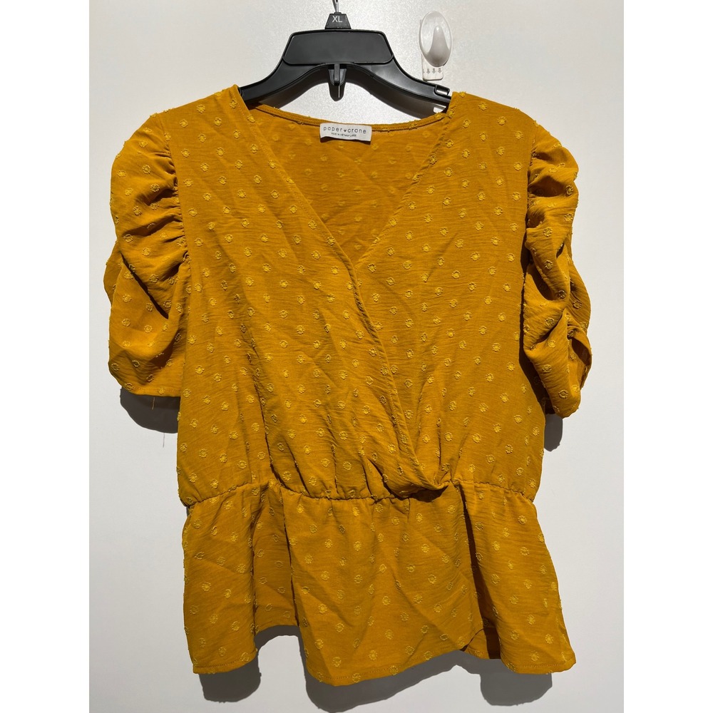 Paper Crane Mustard Yellow Swiss Dot Puff Sleeve Peplum Surplice Top Large